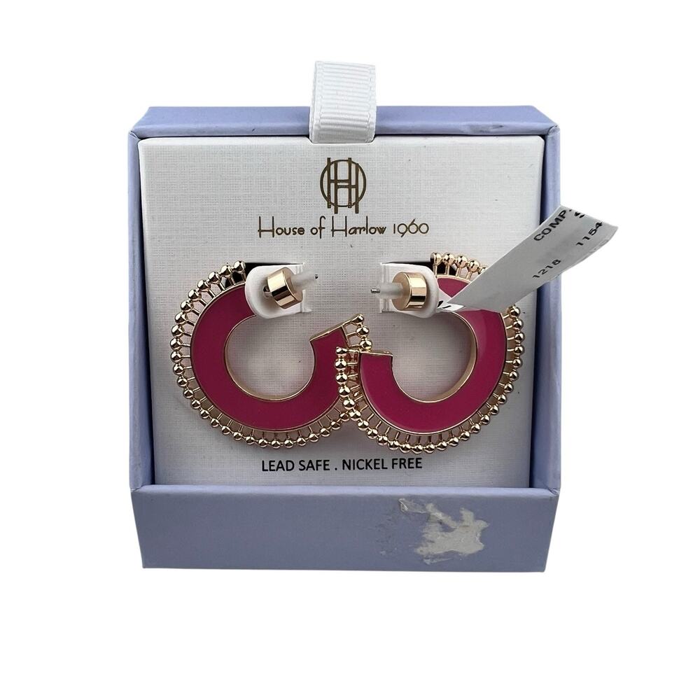 House of Harlow 1960 Pink Enamel Hoop Pierced Earrings New in Box